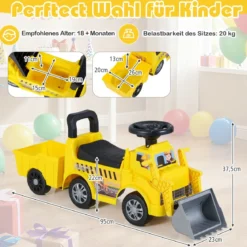 Kinderbagger zum Draufsitzen Kinderfahrzeug mit Schaufel abnehmbarem Anhänger Gelb
