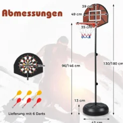 Kinder Basketballkorb mit Dartboard & 6 Darts Basketballständer Schwarz