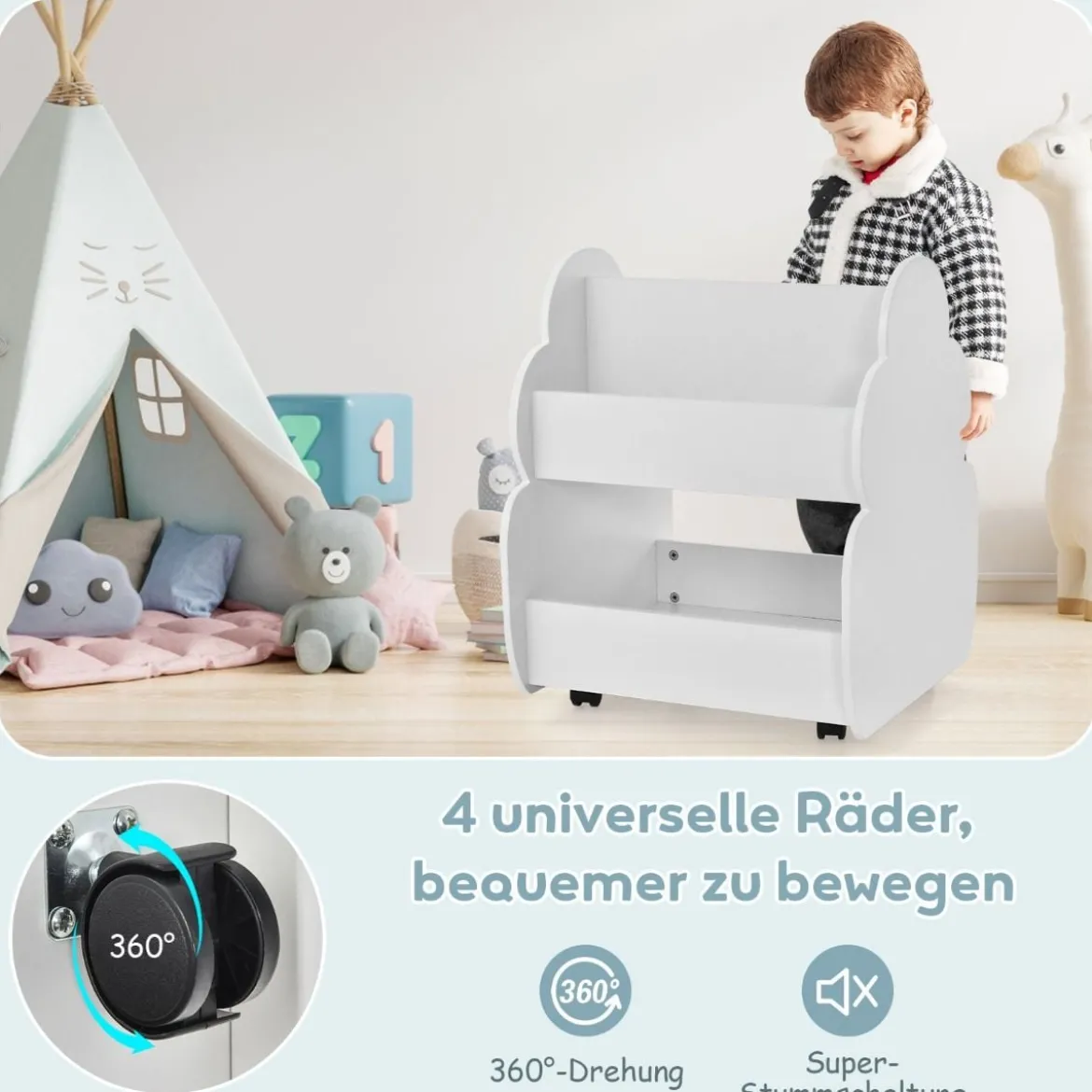 Kinder-Bücherregal auf Rollen Kinderregal mit Geräumigem Stauraum 52 x 47 x 63 cm Weiß