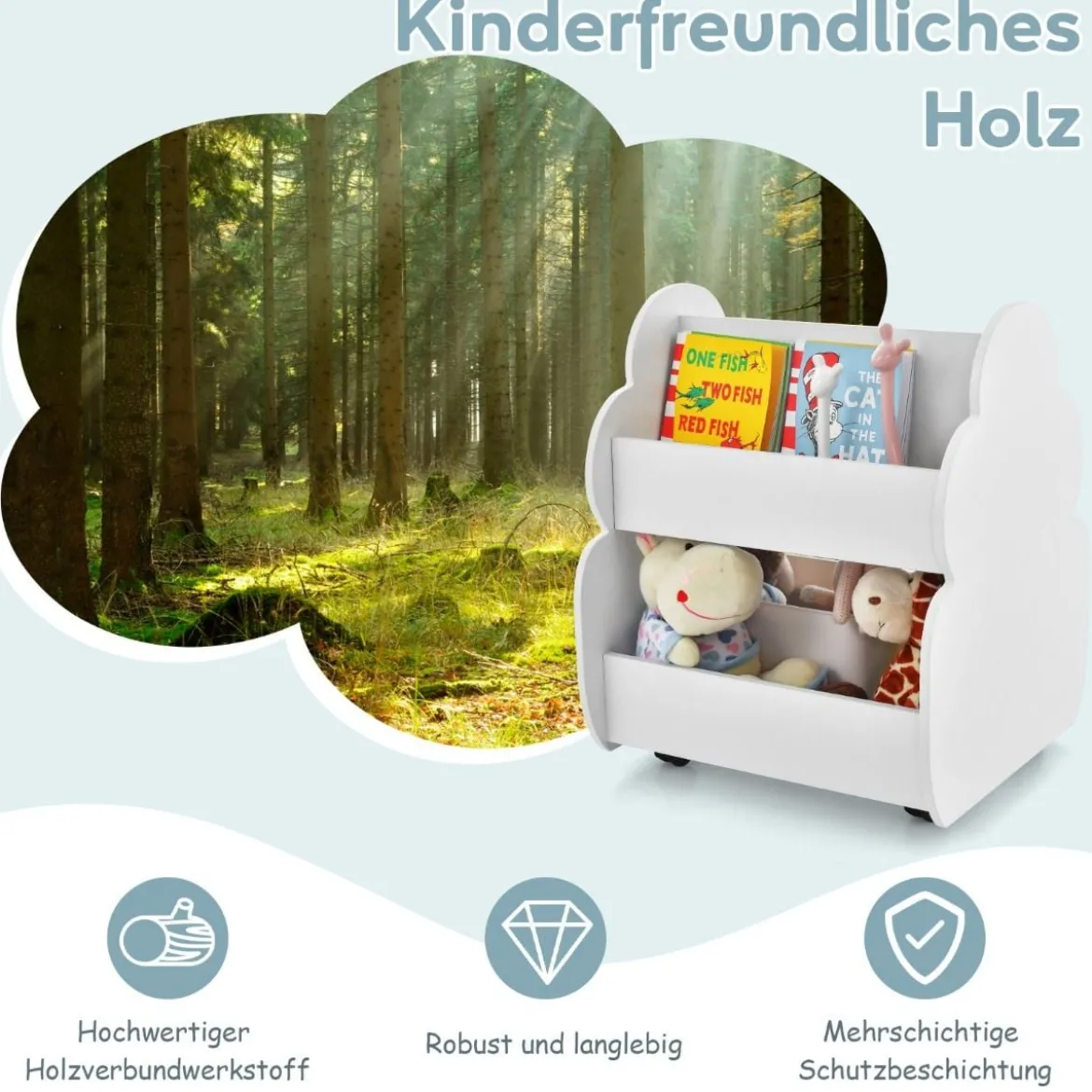 Kinder-Bücherregal auf Rollen Kinderregal mit Geräumigem Stauraum 52 x 47 x 63 cm Weiß