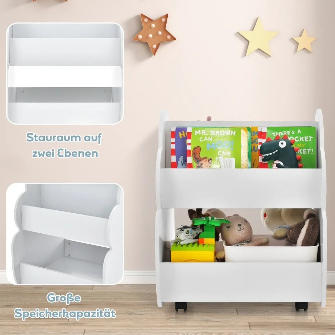 Kinder-Bücherregal auf Rollen Kinderregal mit Geräumigem Stauraum 52 x 47 x 63 cm Weiß