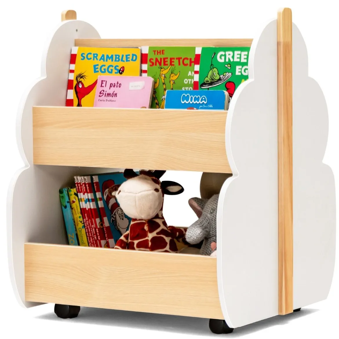 Kinder Bücherregal aus Holz mit Universalrädern 2 Ebenen Spielzeugregal auf Rollen