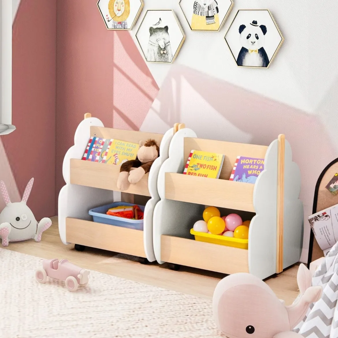 Kinder Bücherregal aus Holz mit Universalrädern 2 Ebenen Spielzeugregal auf Rollen