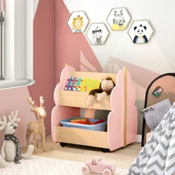 Kinder Bücherregal aus Holz mit Universalrädern 2 Ebenen Spielzeugregal auf Rollen