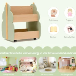 Kinder Bücherregal aus Holz mit Universalrädern 2 Ebenen Spielzeugregal auf Rollen