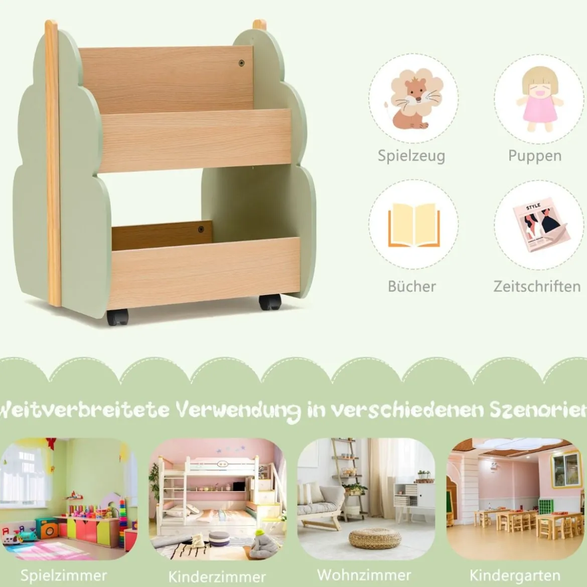 Kinder Bücherregal aus Holz mit Universalrädern 2 Ebenen Spielzeugregal auf Rollen
