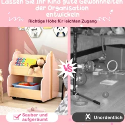 Kinder Bücherregal aus Holz mit Universalrädern 2 Ebenen Spielzeugregal auf Rollen
