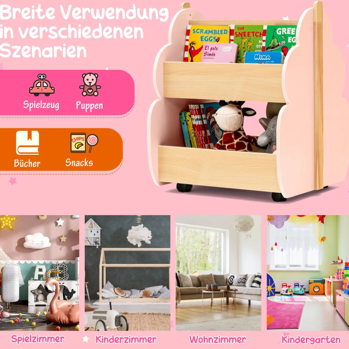 Kinder Bücherregal aus Holz mit Universalrädern 2 Ebenen Spielzeugregal auf Rollen