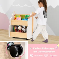 Kinder Bücherregal aus Holz mit Universalrädern 2 Ebenen Spielzeugregal auf Rollen