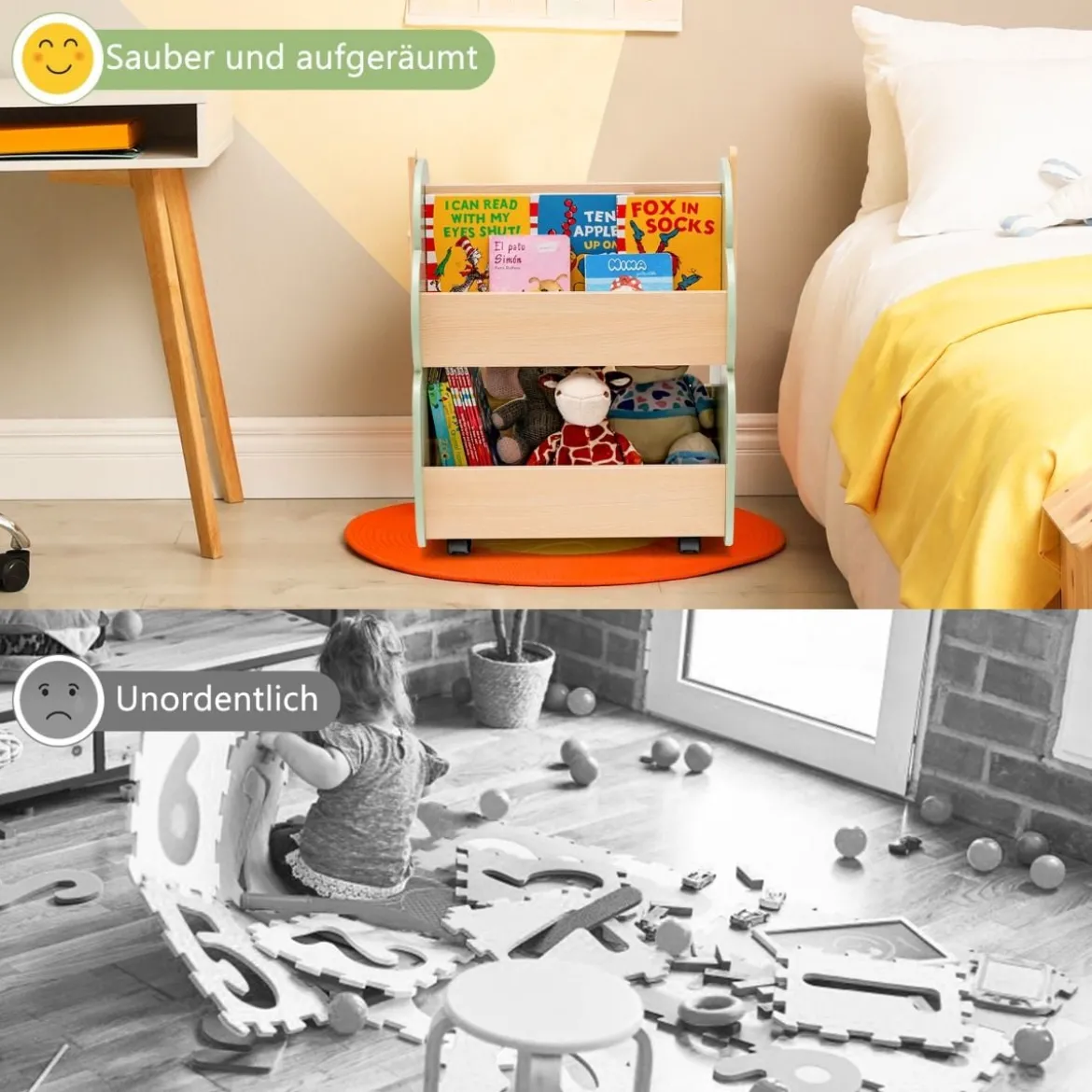 Kinder Bücherregal aus Holz mit Universalrädern 2 Ebenen Spielzeugregal auf Rollen