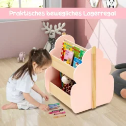 Kinder Bücherregal aus Holz mit Universalrädern 2 Ebenen Spielzeugregal auf Rollen