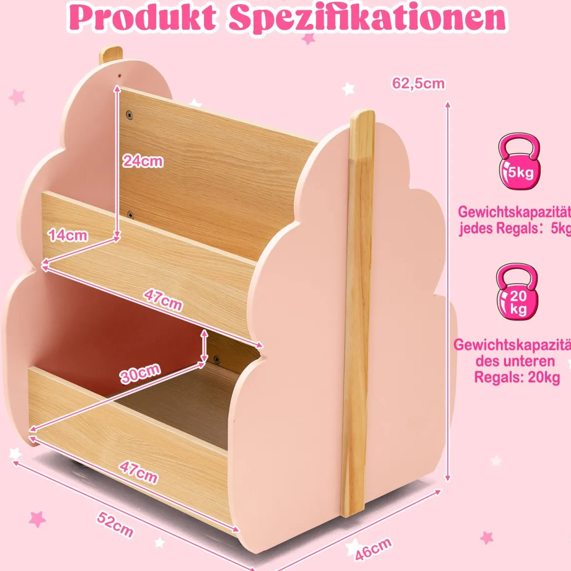 Kinder Bücherregal aus Holz mit Universalrädern 2 Ebenen Spielzeugregal auf Rollen