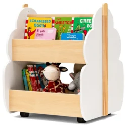 Kinder Bücherregal aus Holz mit Universalrädern 2 Ebenen Spielzeugregal auf Rollen