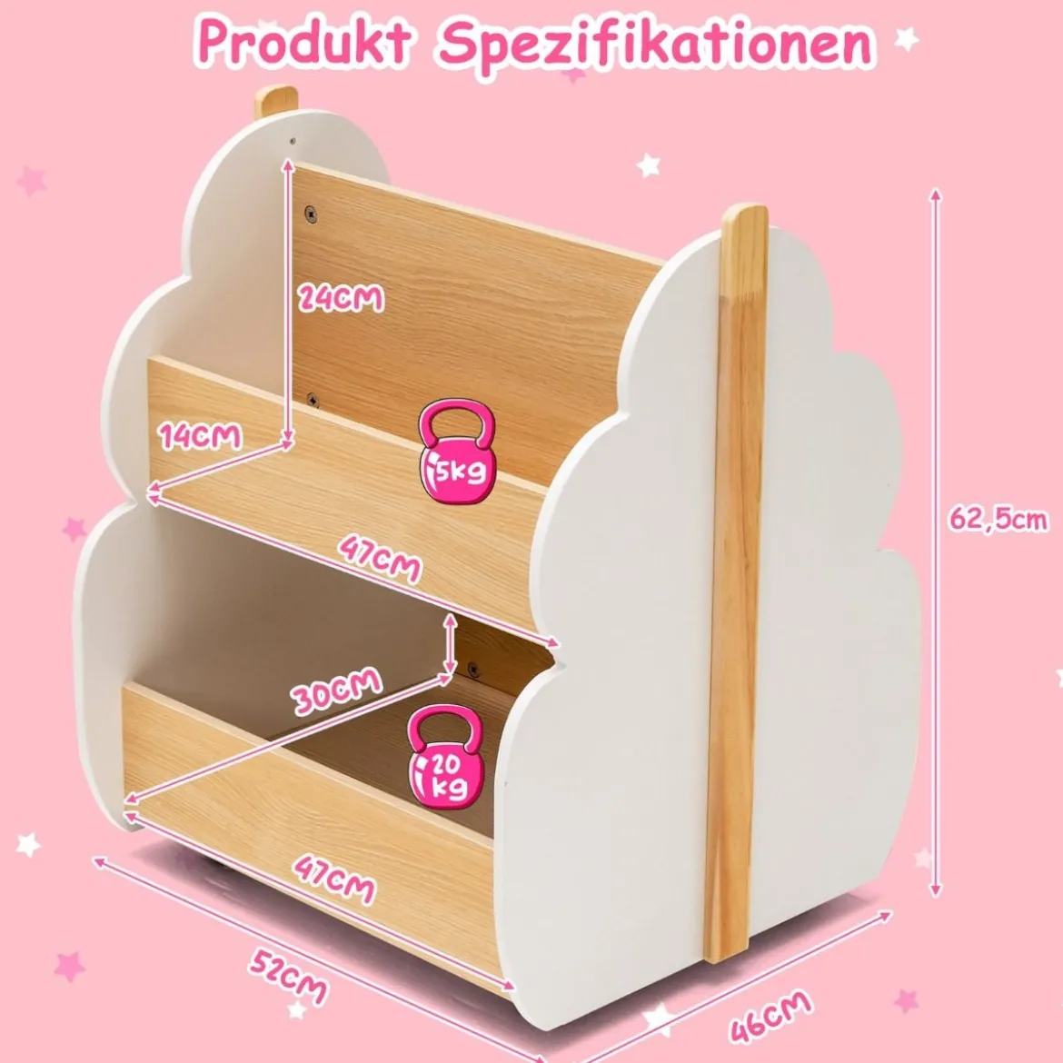 Kinder Bücherregal aus Holz mit Universalrädern 2 Ebenen Spielzeugregal auf Rollen