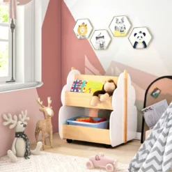 Kinder Bücherregal aus Holz mit Universalrädern 2 Ebenen Spielzeugregal auf Rollen