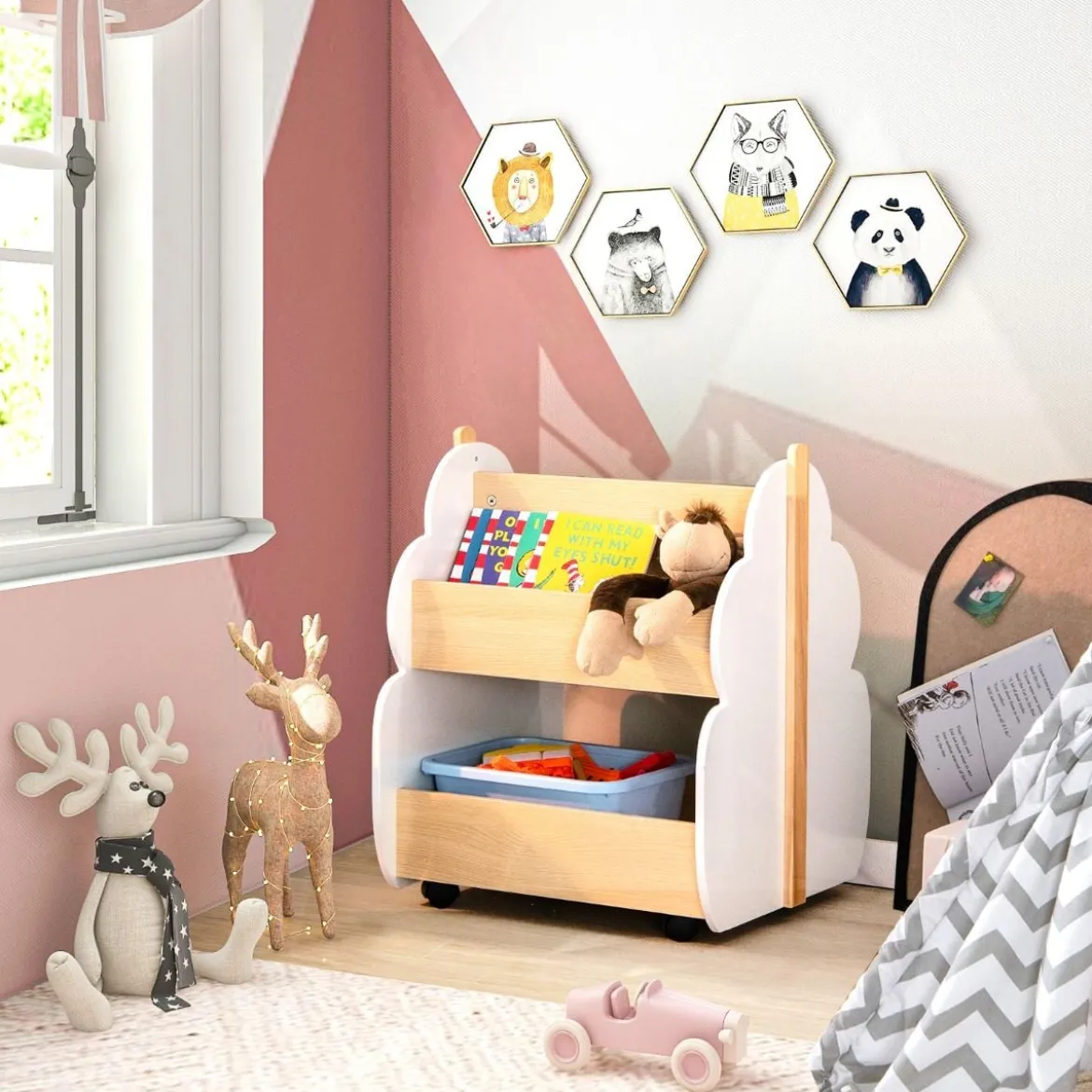 Kinder Bücherregal aus Holz mit Universalrädern 2 Ebenen Spielzeugregal auf Rollen