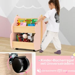 Kinder Bücherregal aus Holz mit Universalrädern 2 Ebenen Spielzeugregal auf Rollen