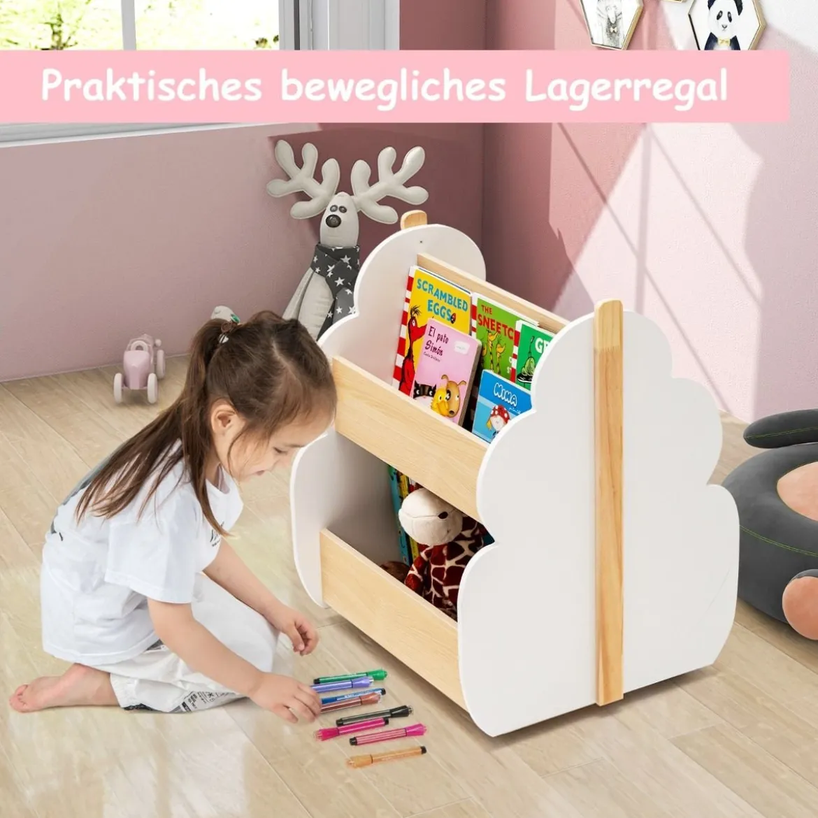 Kinder Bücherregal aus Holz mit Universalrädern 2 Ebenen Spielzeugregal auf Rollen