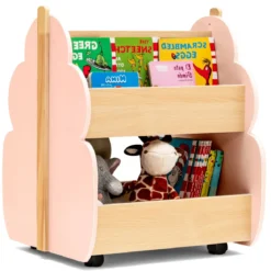 Kinder Bücherregal aus Holz mit Universalrädern 2 Ebenen Spielzeugregal auf Rollen