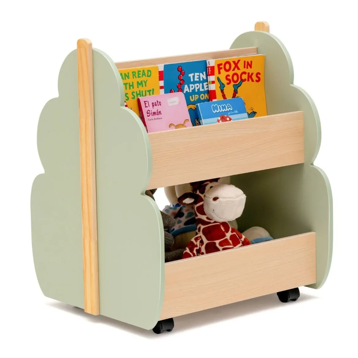 Kinder Bücherregal aus Holz mit Universalrädern 2 Ebenen Spielzeugregal auf Rollen