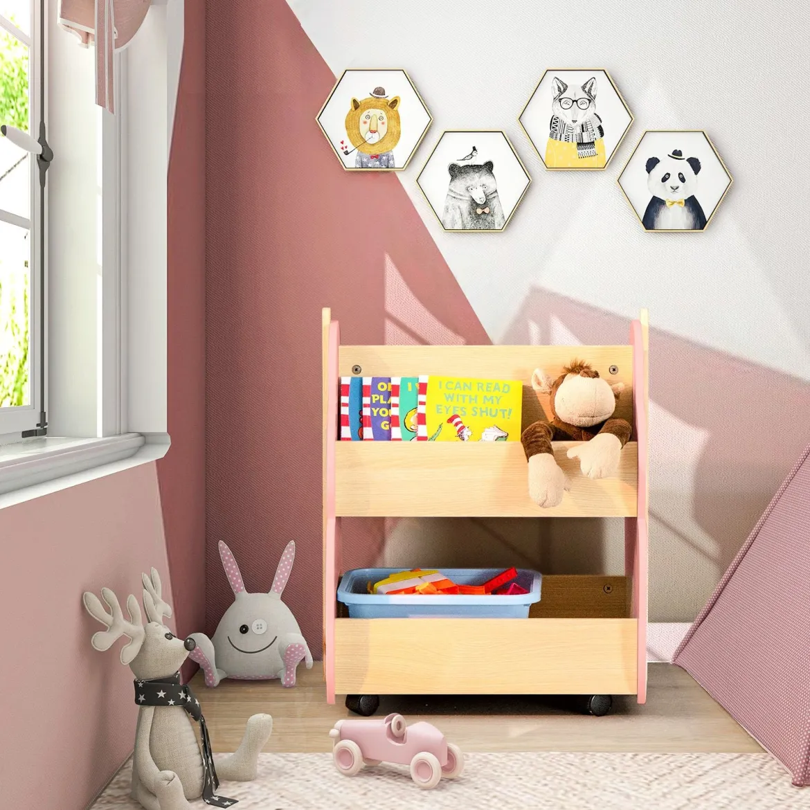 Kinder Bücherregal aus Holz mit Universalrädern 2 Ebenen Spielzeugregal auf Rollen