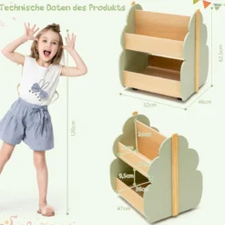 Kinder Bücherregal aus Holz mit Universalrädern 2 Ebenen Spielzeugregal auf Rollen
