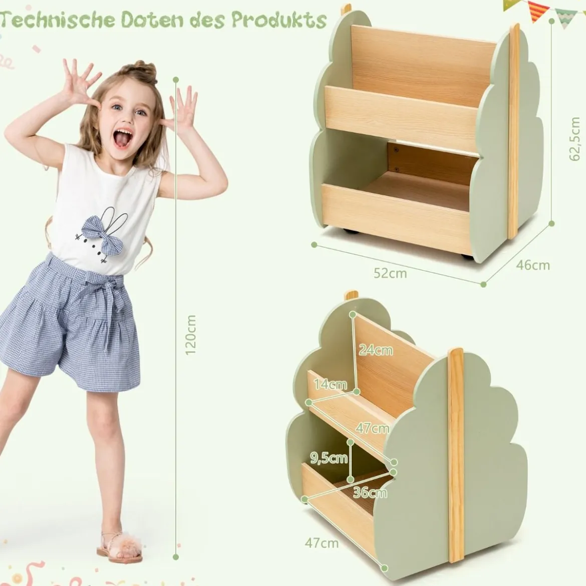 Kinder Bücherregal aus Holz mit Universalrädern 2 Ebenen Spielzeugregal auf Rollen