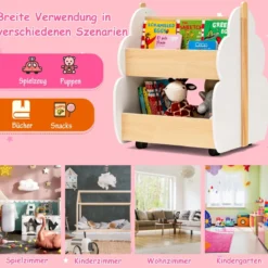 Kinder Bücherregal aus Holz mit Universalrädern 2 Ebenen Spielzeugregal auf Rollen