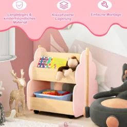 Kinder Bücherregal aus Holz mit Universalrädern 2 Ebenen Spielzeugregal auf Rollen