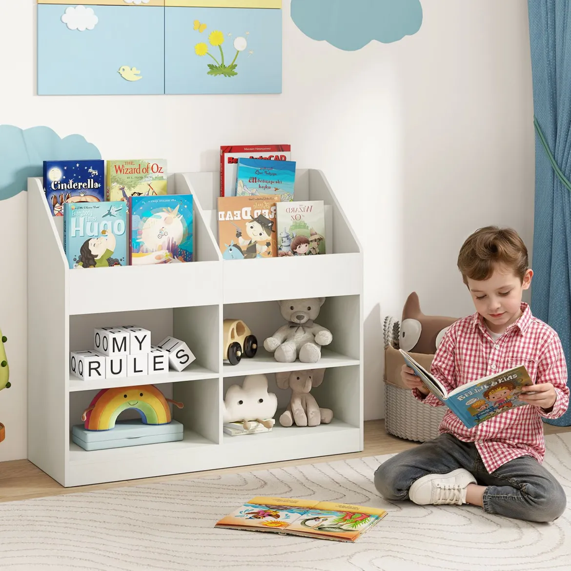 Kinder Bücherregal 80 cm Hohes Kinderregal mit 4 Regalen und 4 Offenen Fächern Natur/Weiß