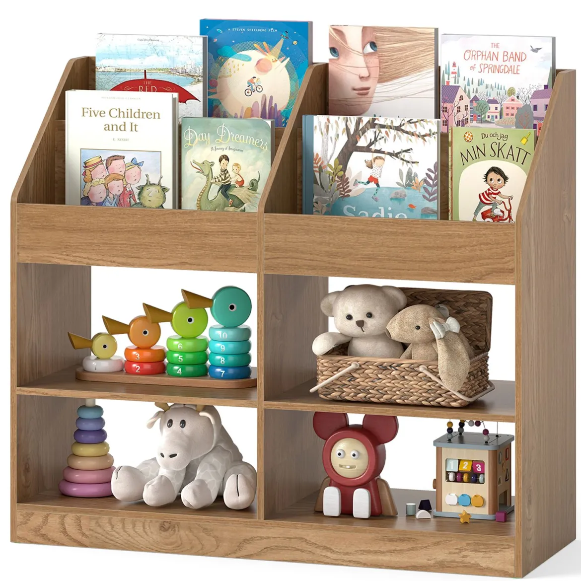 Kinder Bücherregal 80 cm Hohes Kinderregal mit 4 Regalen und 4 Offenen Fächern Natur/Weiß
