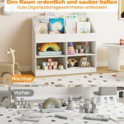 Kinder Bücherregal 80 cm Hohes Kinderregal mit 4 Regalen und 4 Offenen Fächern Natur/Weiß