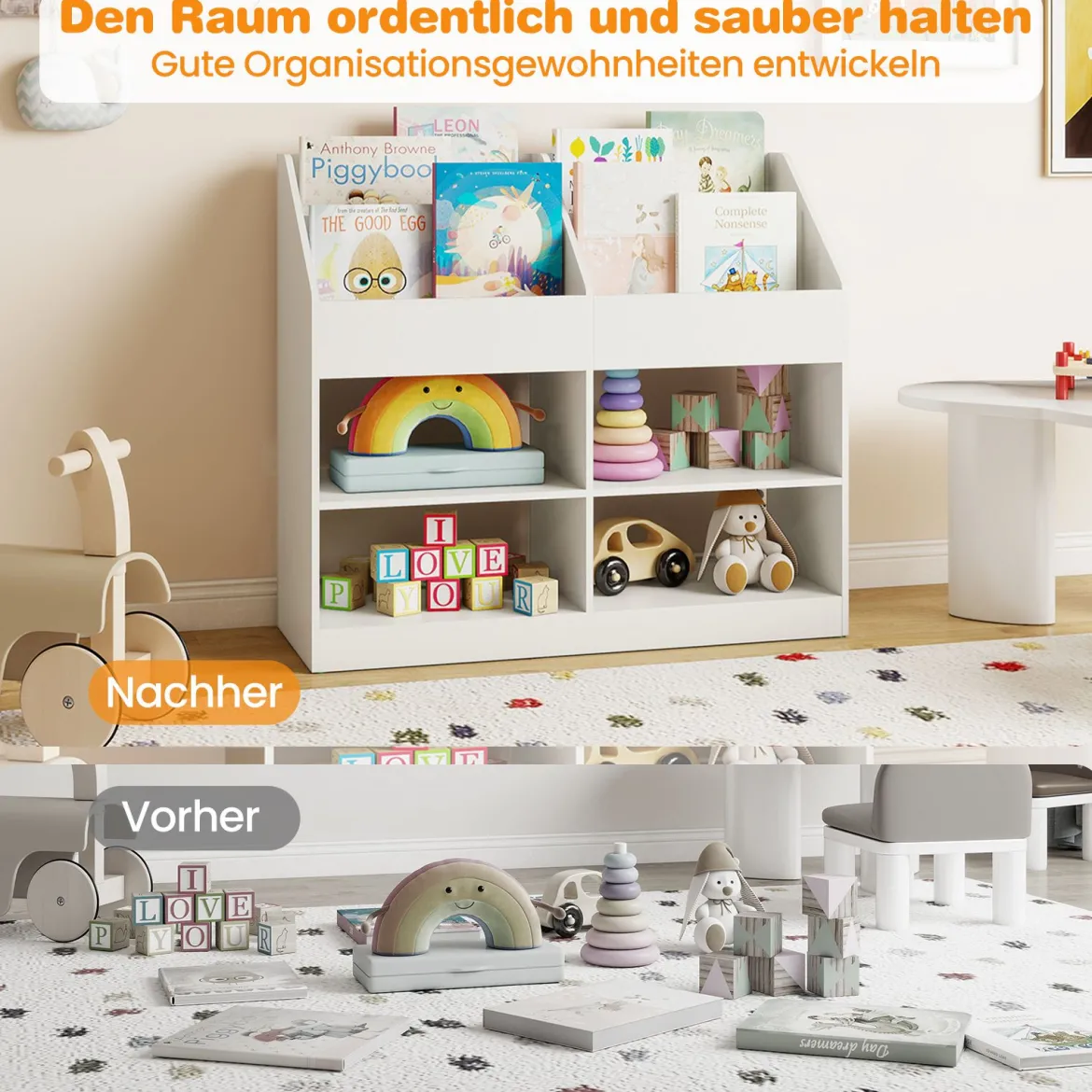 Kinder Bücherregal 80 cm Hohes Kinderregal mit 4 Regalen und 4 Offenen Fächern Natur/Weiß