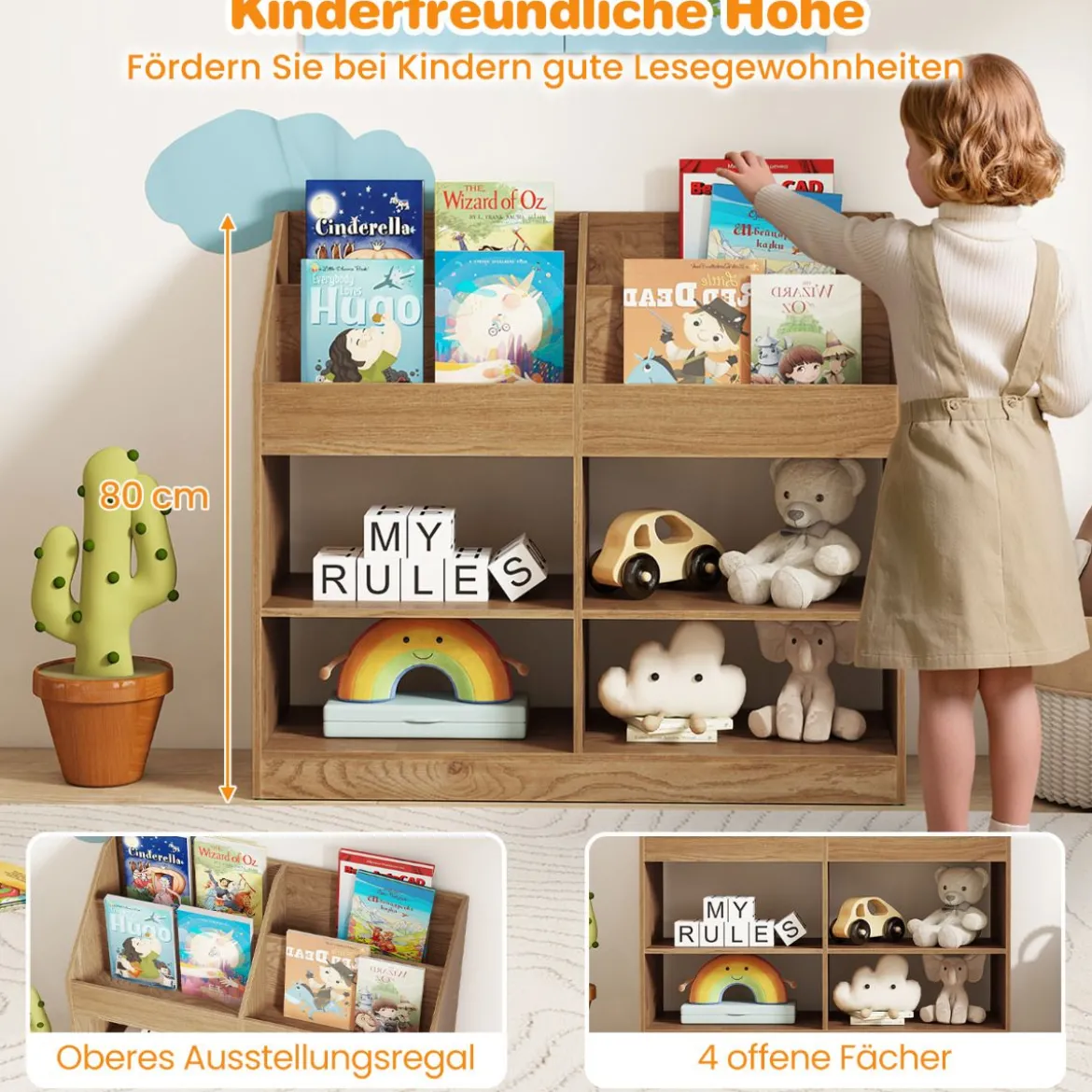 Kinder Bücherregal 80 cm Hohes Kinderregal mit 4 Regalen und 4 Offenen Fächern Natur/Weiß