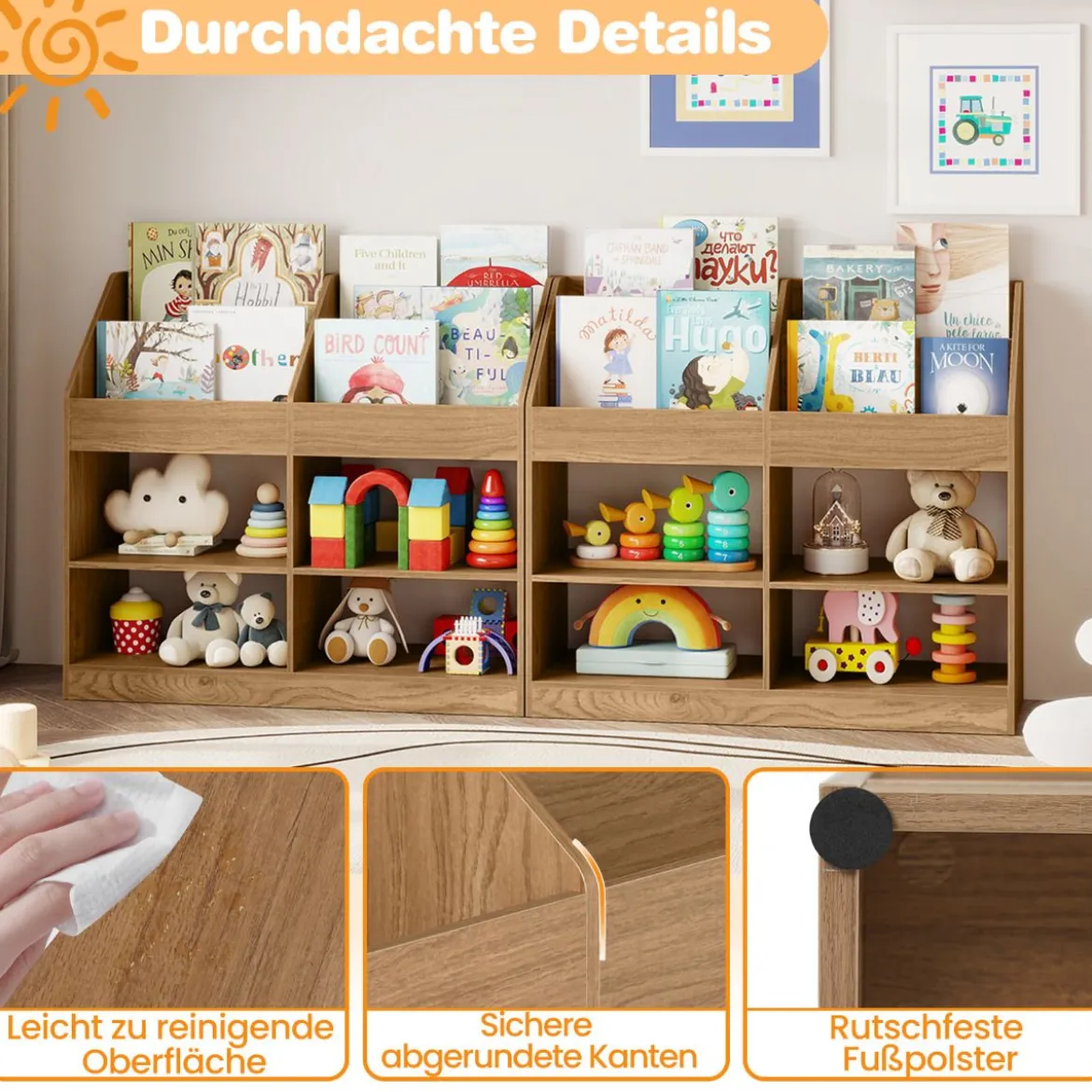 Kinder Bücherregal 80 cm Hohes Kinderregal mit 4 Regalen und 4 Offenen Fächern Natur/Weiß