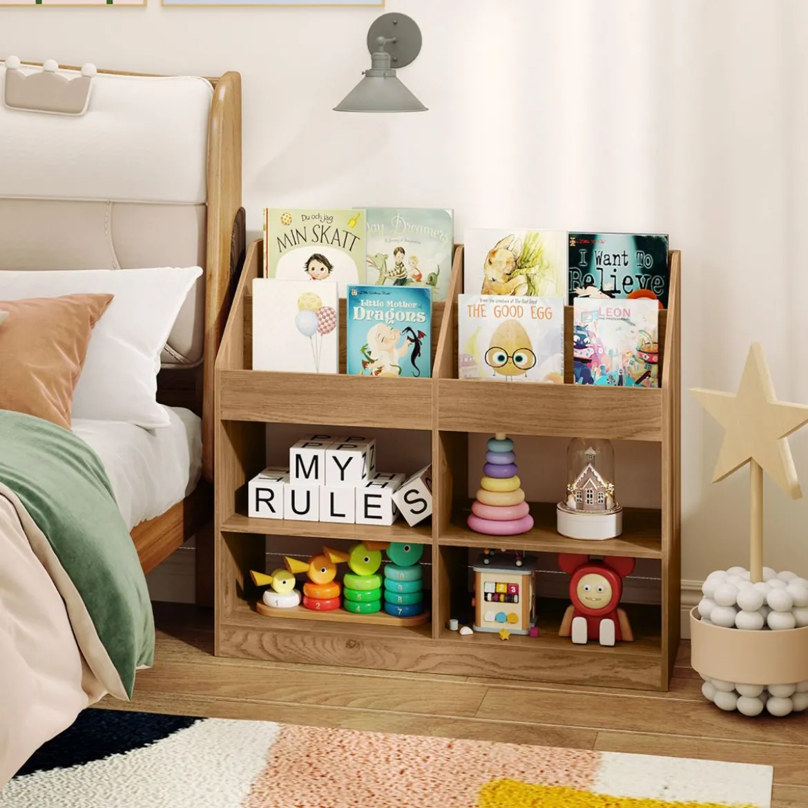 Kinder Bücherregal 80 cm Hohes Kinderregal mit 4 Regalen und 4 Offenen Fächern Natur/Weiß