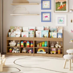 Kinder Bücherregal 80 cm Hohes Kinderregal mit 4 Regalen und 4 Offenen Fächern Natur/Weiß