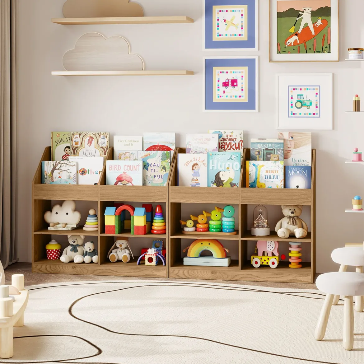 Kinder Bücherregal 80 cm Hohes Kinderregal mit 4 Regalen und 4 Offenen Fächern Natur/Weiß