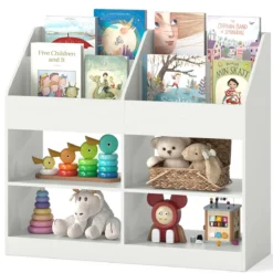 Kinder Bücherregal 80 cm Hohes Kinderregal mit 4 Regalen und 4 Offenen Fächern Natur/Weiß