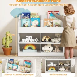 Kinder Bücherregal 80 cm Hohes Kinderregal mit 4 Regalen und 4 Offenen Fächern Natur/Weiß