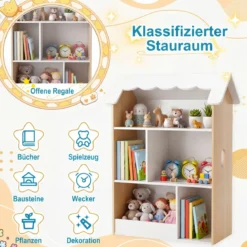 Kinderbücherregal in Hausform Holz Spielzeugregal mit 5 Offenen Fächern Kinderregal mit Kippschutz