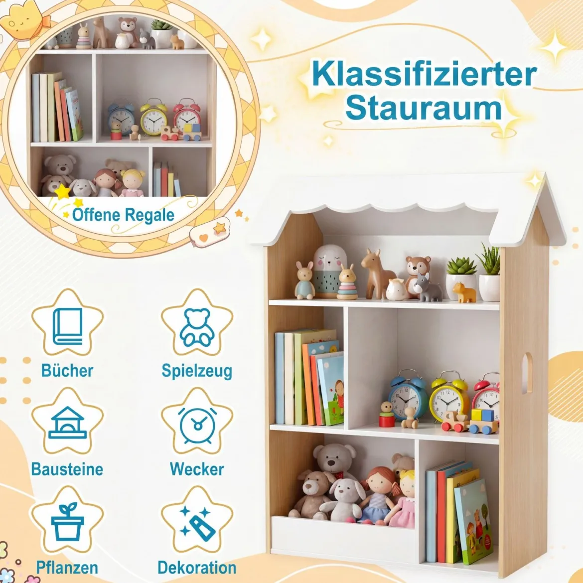 Kinderbücherregal in Hausform Holz Spielzeugregal mit 5 Offenen Fächern Kinderregal mit Kippschutz