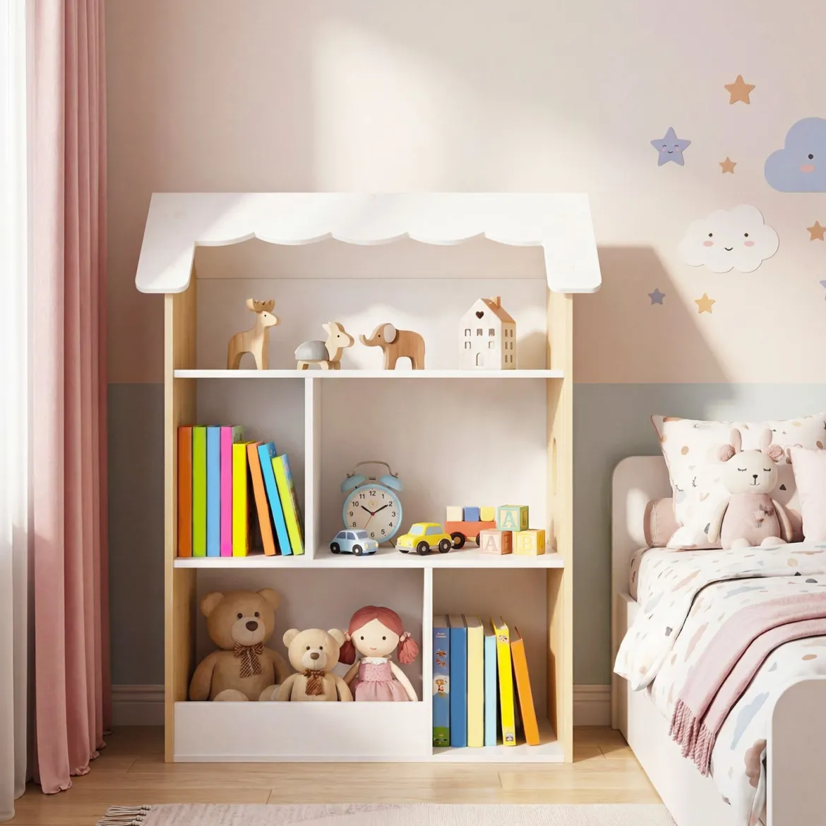 Kinderbücherregal in Hausform Holz Spielzeugregal mit 5 Offenen Fächern Kinderregal mit Kippschutz