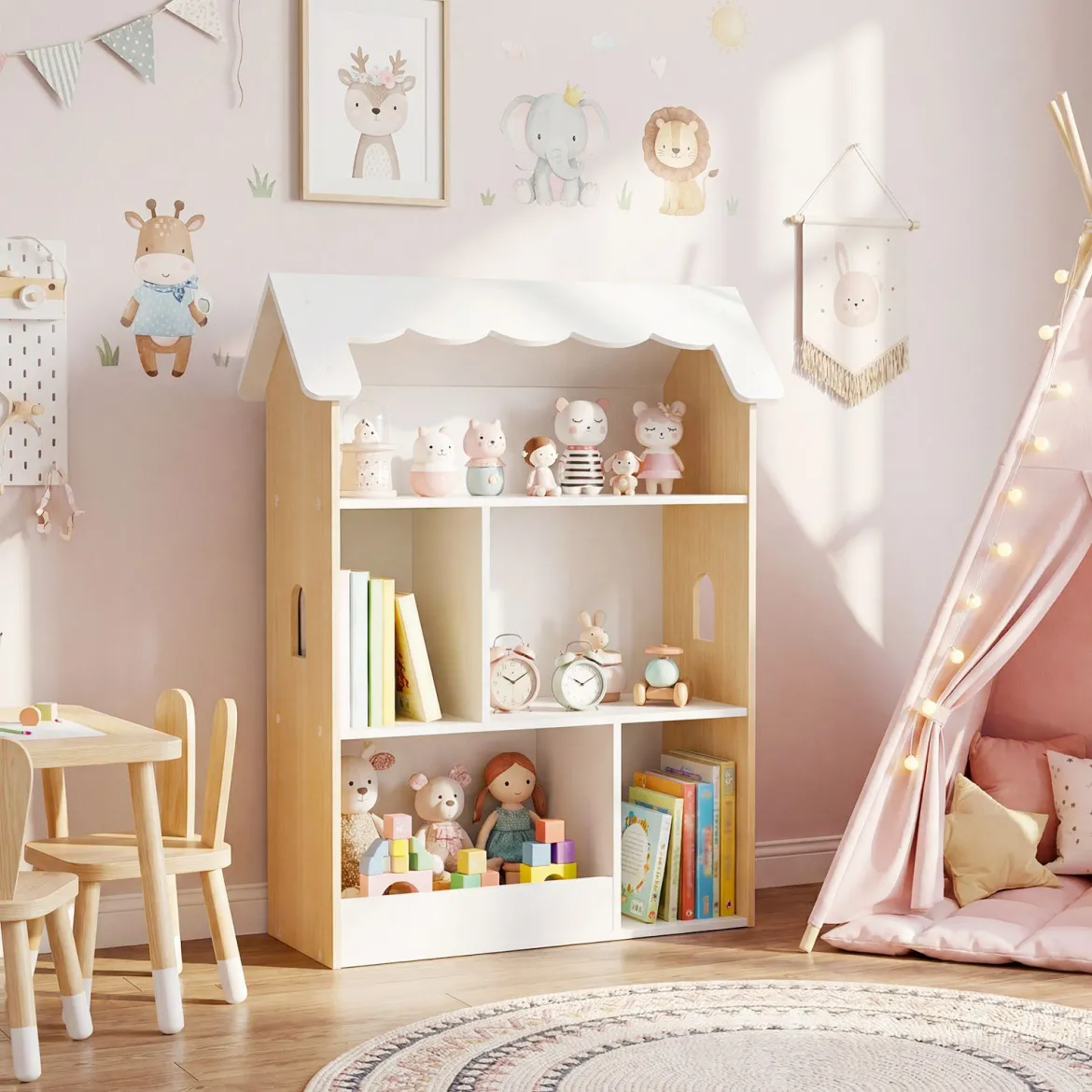 Kinderbücherregal in Hausform Holz Spielzeugregal mit 5 Offenen Fächern Kinderregal mit Kippschutz
