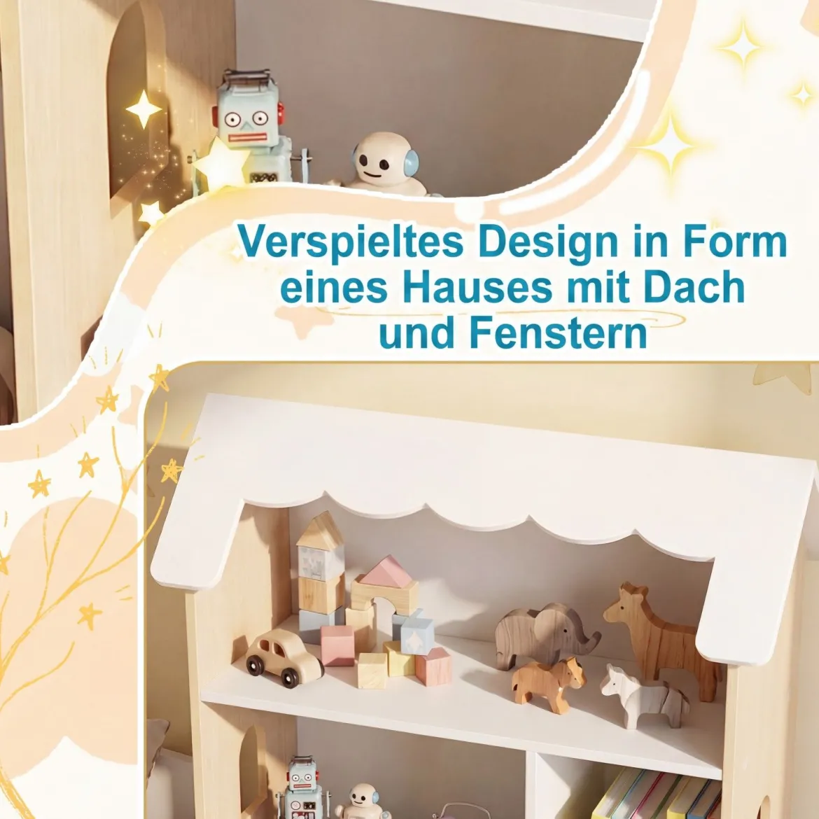 Kinderbücherregal in Hausform Holz Spielzeugregal mit 5 Offenen Fächern Kinderregal mit Kippschutz