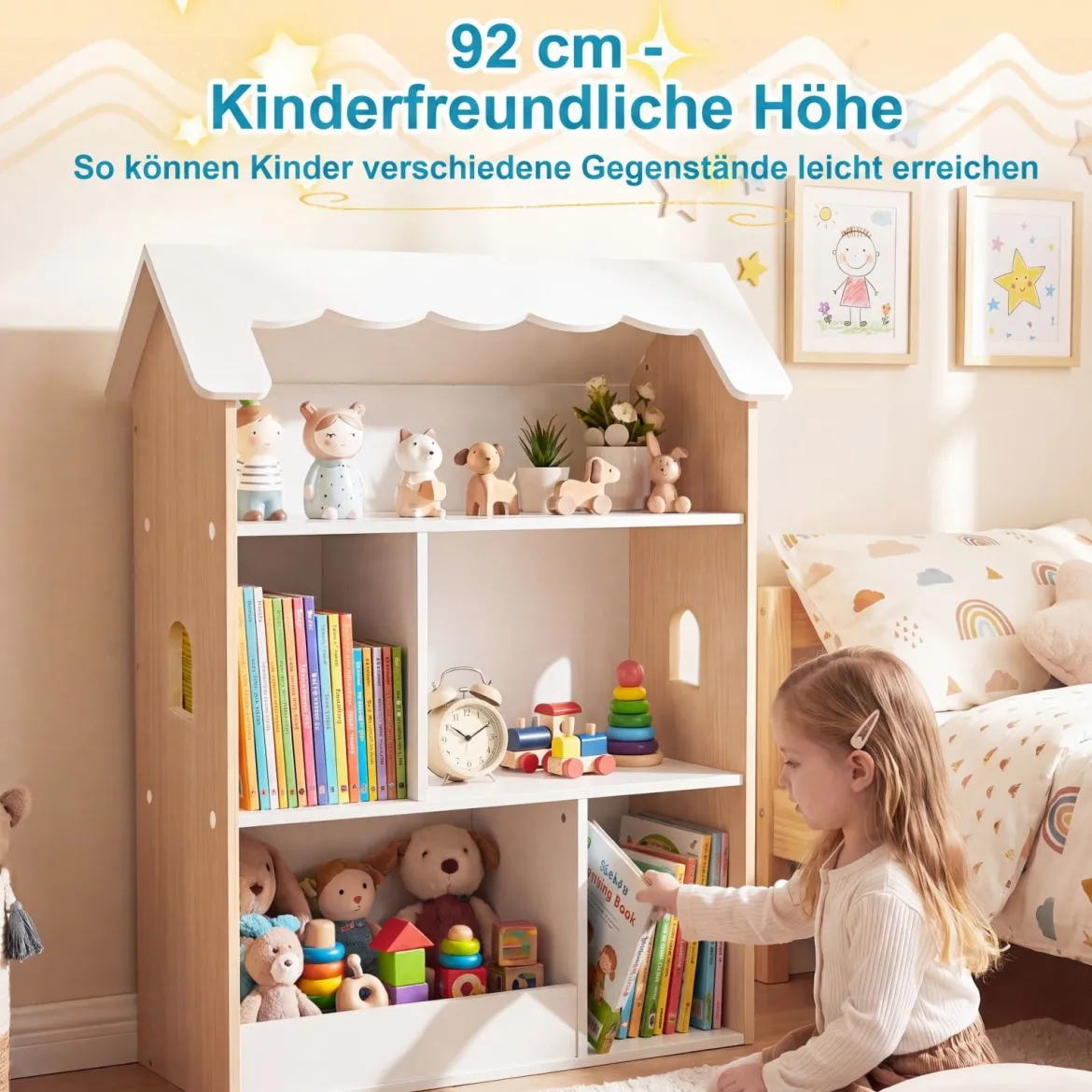 Kinderbücherregal in Hausform Holz Spielzeugregal mit 5 Offenen Fächern Kinderregal mit Kippschutz