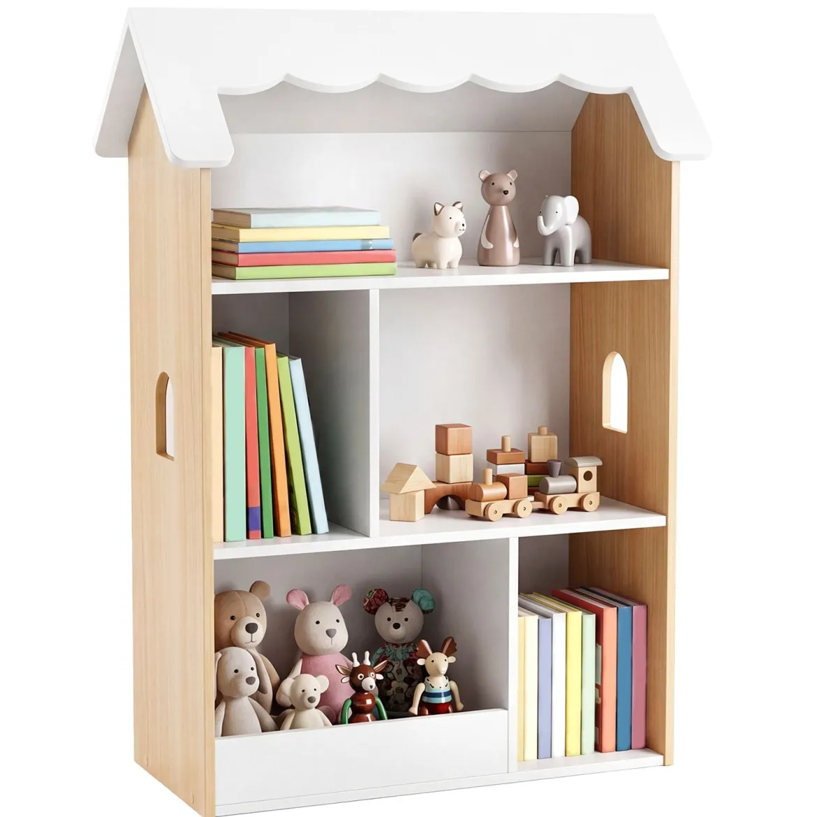 Kinderbücherregal in Hausform Holz Spielzeugregal mit 5 Offenen Fächern Kinderregal mit Kippschutz
