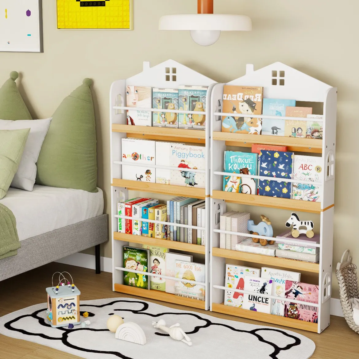 Kinderbücherregal in Hausform mit Anti-Fall-Schutz & Metallstangen Montessori Kinderregal