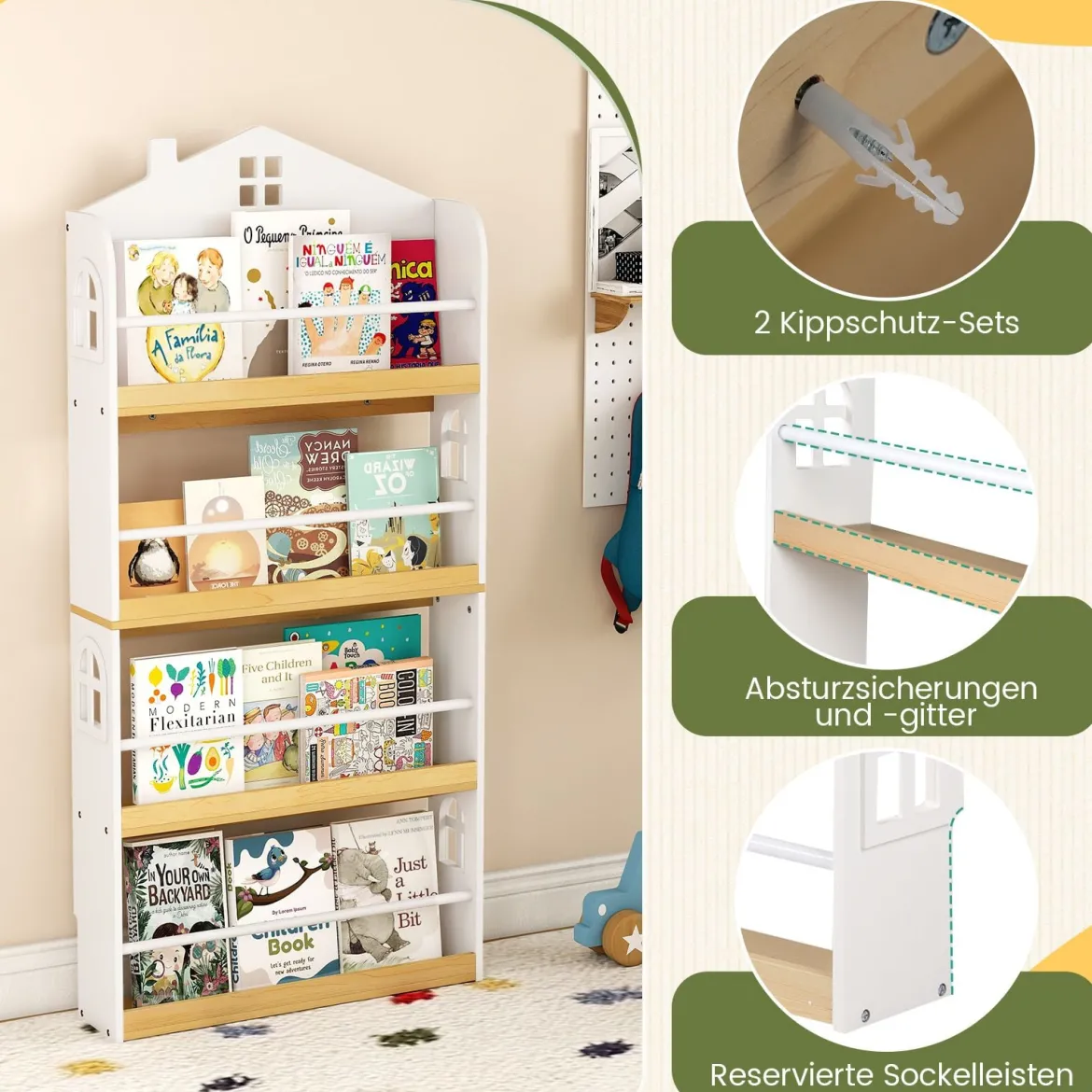 Kinderbücherregal in Hausform mit Anti-Fall-Schutz & Metallstangen Montessori Kinderregal