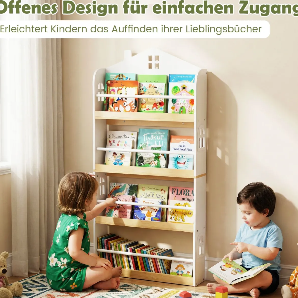 Kinderbücherregal in Hausform mit Anti-Fall-Schutz & Metallstangen Montessori Kinderregal